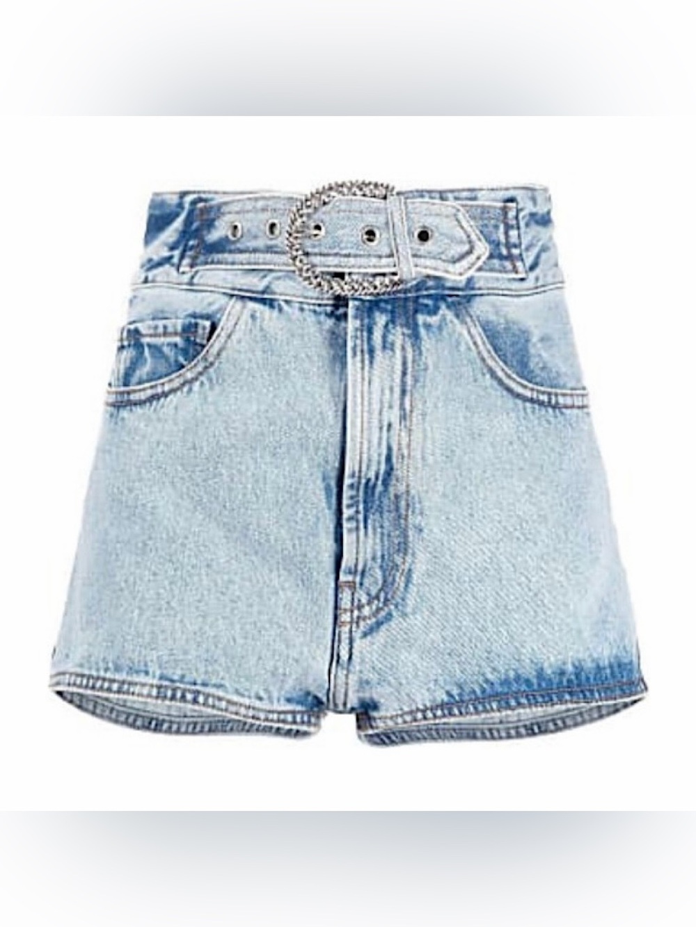 NWT Alessandra Rich Light Blue High-Waist Denim Shorts Embellished Belt Size 25